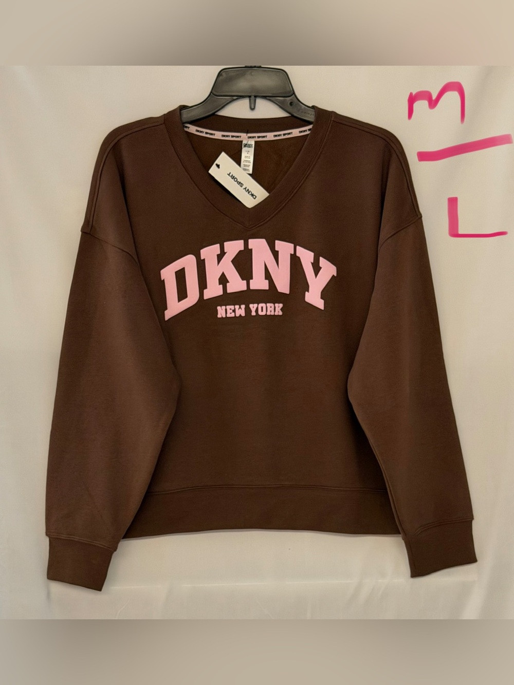 DKNY Brown V-Neck Sweatshirt with Pink Logo